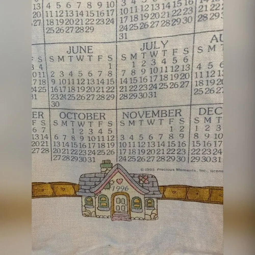 Vintage 1996 Precious Moments God Bless Home Calendar Kitchen Tea Towel White